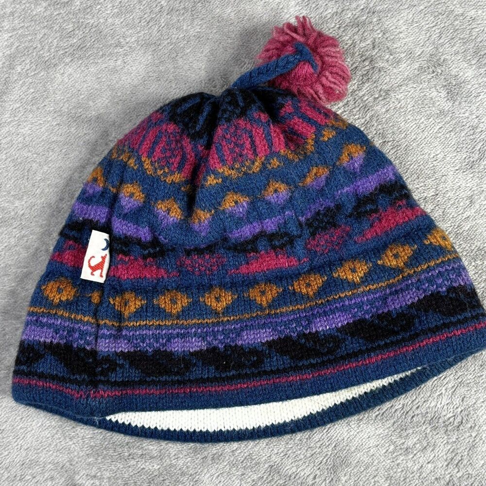 Vintage Darn Fine Hats Pom Beanie Youth Child 100% Wool Fair‎ Isle Outdoor USA